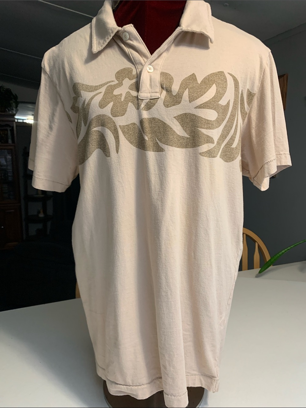 Old Navy Men's Cream Polo with Tan  Tropical Print Graphic